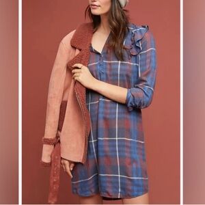 Cloth & Stone for Anthropologie Plaid Ruffle Long Sleeve Dress Size XS